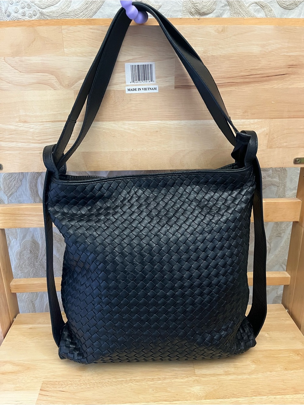 Black Woven Leather Shoulder Bag/ Backpack